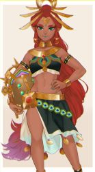 Rule 34 | 1girl, anklet, armlet, artist name, bare shoulders, blue lips, breasts, clothing request, collarbone, dark-skinned female, dark skin, feet out of frame, female focus, gerudo, green eyes, green nails, hand on own hip, helmet, highres, holding, holding helmet, ivy (sena0119), jewelry, lipstick, long hair, looking at viewer, makeup, midriff, nail polish, navel, nintendo, pointy ears, red hair, riju, side slit, skirt, small breasts, smile, solo, standing, the legend of zelda, the legend of zelda: breath of the wild, thick eyebrows, very long hair