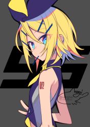 Rule 34 | aqua eyes, artist name, back, bare shoulders, black bow, black star (module), blonde hair, bow, eyes visible through hair, hair ornament, hairclip, highres, kagamine rin, kodoku no hate (vocaloid), looking at viewer, midriff, mouth hold, narrow waist, necktie, negi (ulog&#039;be), number tattoo, project diva, project diva (series), short hair, short necktie, shoulder tattoo, sideways glance, signature, skinny, sleeveless blazer, tattoo, tsurime, turning head, two-tone bow, v, vocaloid, yellow necktie