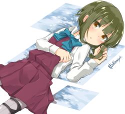 Rule 34 | 10s, 1girl, b allbrack, bad id, bad twitter id, blue bow, blunt bangs, bob cut, bow, bowtie, brown eyes, collared shirt, green hair, grey pantyhose, kantai collection, long sleeves, looking at viewer, lying, on back, pantyhose, parted lips, pleated skirt, purple skirt, school uniform, shirt, short hair, short hair with long locks, skirt, solo, takanami (kancolle), white shirt