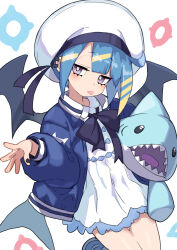 Rule 34 | 1girl, :p, absurdres, blonde hair, blue hair, blue jacket, demon wings, duel monster, gazacy (dai), hat, highres, holding, jacket, large hat, lil-la (yu-gi-oh!), live twin lil-la, long sleeves, looking at viewer, multicolored hair, open clothes, open jacket, purple eyes, shoes, short hair, solo, stuffed animal, stuffed shark, stuffed toy, tongue, tongue out, wings, yu-gi-oh!