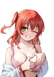 Rule 34 | 1girl, absurdres, bare shoulders, blush, bocchi the rock!, bra, bracelet, breasts, cleavage, collarbone, green eyes, hair between eyes, heart, heart-shaped boob challenge, heart hands, highres, jewelry, kita ikuyo, liwen520, long sleeves, looking at viewer, medium breasts, off shoulder, one eye closed, one side up, open clothes, open mouth, open shirt, pink bra, red hair, shirt, simple background, smile, solo, teeth, underwear, upper body, white background, white shirt