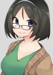Rule 34 | 1girl, bad id, bad pixiv id, black hair, blue eyes, breasts, brown coat, coat, collarbone, eba games, glasses, green shirt, hairband, highres, kantai collection, kirishima (kancolle), large breasts, looking at viewer, purple-framed eyewear, shirt, short hair, simple background, smile, solo, upper body, white background, white hairband