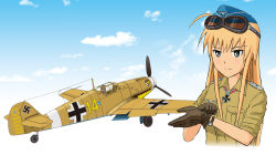 Rule 34 | 1girl, aircraft, airplane, bad id, bad pixiv id, balkenkreuz, bf 109, cross, gloves, goggles, hanna-justina marseille, highres, iron cross, luftwaffe, military, military uniform, solo, squadron, strike witches, uniform, vehicle focus, watch, world war ii, world witches series