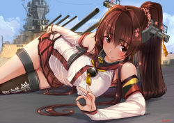 Rule 34 | 10s, 1girl, akasaai, blush, breasts, brown eyes, brown hair, cherry blossoms, detached sleeves, flower, hair flower, hair ornament, headgear, highres, kantai collection, large breasts, long hair, looking at viewer, lying, ok sign, on side, ponytail, skirt, smile, solo, thighhighs, very long hair, yamato (kancolle)