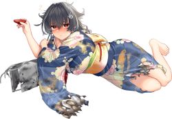 Rule 34 | 1girl, akasaka yuzu, barefoot, breasts, drunk, full body, japanese clothes, jingei (kancolle), kantai collection, kimono, large breasts, messy hair, official alternate costume, official art, squeans, torn clothes, transparent background