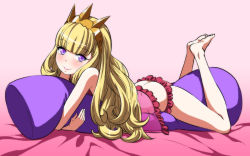 Rule 34 | 10s, 1girl, ass, barefoot, blonde hair, blunt bangs, blush, butt crack, cagliostro (granblue fantasy), camisole, crown, curly hair, feet up, frilled panties, frills, granblue fantasy, highres, hug, long hair, looking at viewer, lying, hugging object, on stomach, panties, pillow, pillow hug, pink panties, purple eyes, shirihime, smile, solo, underwear, underwear only