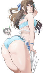 Rule 34 | 2girls, arched back, ass, bikini, blue bikini, blue eyes, blue flower, breasts, brown hair, bulging eyes, closed mouth, commentary, english commentary, flower, hair flower, hair ornament, hand in own hair, highres, huge ass, leaning forward, long hair, looking at another, looking at viewer, love live!, love live! nijigasaki high school idol club, medium breasts, multiple girls, okpriko, osaka shizuku, smile, swimsuit, takasaki yu, thighs, transparent, transparent umbrella, umbrella, white background