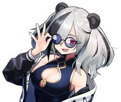 Rule 34 | 1girl, adjusting eyewear, animal ears, arknights, breasts, china dress, chinese clothes, cleavage cutout, clothing cutout, dress, evolvingmonkey, fang, feater (arknights), grey hair, highres, large breasts, multicolored hair, panda ears, solo, streaked hair, sunglasses, twintails, white background
