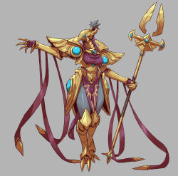 Rule 34 | 1girl, absurdres, armor, azir, breasts, colored skin, exaxuxer, female focus, full body, genderswap, genderswap (mtf), gold armor, grey background, hand up, highres, holding, holding staff, large breasts, league of legends, leg armor, looking to the side, pelvic curtain, profile, red skin, simple background, solo, staff, standing, tagme, thighs, topknot