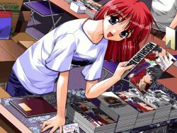 Rule 34 | 1girl, :d, bending, blue eyes, book, book stack, box, convention, denim, freckles, game cg, jeans, looking at viewer, manga (object), medium hair, mitsumi misato, open mouth, pants, pia carrot (series), pia carrot e youkoso!! 2, red hair, shinohara mikiko, shirt, smile, table, white shirt