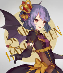 Rule 34 | 1girl, alternate costume, bat wings, black gloves, crown, dress, elbow gloves, english text, fang, gloves, halloween, looking at viewer, mini crown, multicolored clothes, multicolored dress, open mouth, puffy short sleeves, puffy sleeves, purple hair, red eyes, reeh (yukuri130), remilia scarlet, short sleeves, smile, solo, touhou, wings