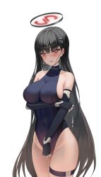 Rule 34 | 1girl, alternate costume, bare shoulders, black hair, blue archive, blue leotard, blush, breasts, cleavage, collarbone, commentary request, cosplay, cowboy shot, geomissword, hair ornament, halo, halter leotard, halterneck, headset, highleg, highleg leotard, highres, large breasts, leotard, long hair, looking at viewer, parted lips, red eyes, rio (blue archive), simple background, solo, tearing up, thigh strap, toki (blue archive), very long hair, white background