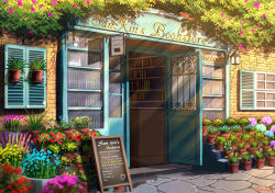 Rule 34 | absurdres, artist name, blue flower, blurry, book, bookshelf, bookstore, brick wall, cup, day, depth of field, door, doraemon, doraemon (character), english text, flower, flower shop, heart, highres, light rays, no humans, original, outdoors, photo (object), pink flower, plant, potted plant, puddle, purple flower, qi==qi, red flower, scenery, shop, sign, stone floor, storefront, sunlight, teacup, vase, window, window shutter, wooden floor, yellow flower