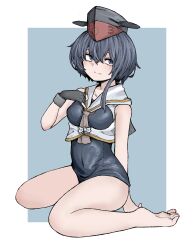 Rule 34 | 1girl, asymmetrical hair, bare arms, bare legs, bare shoulders, barefoot, black eyes, black gloves, black hair, black one-piece swimsuit, blush, breast cutout, closed mouth, covered navel, fe (tetsu), full body, gloves, hair between eyes, highres, i-13 (kancolle), kantai collection, light smile, one-piece swimsuit, partially fingerless gloves, sailor collar, sailor shirt, school swimsuit, shirt, short hair, single glove, sitting, solo, swimsuit, two-tone background, wariza, white sailor collar, white shirt