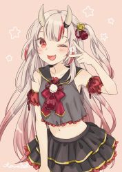Rule 34 | 1girl, alternate costume, blush, collarbone, commentary request, fang, hair between eyes, highres, hololive, horns, long hair, looking at viewer, midriff, mizutamako, nakiri ayame, one eye closed, open mouth, red eyes, silver hair, simple background, skin-covered horns, solo, star (symbol), virtual youtuber