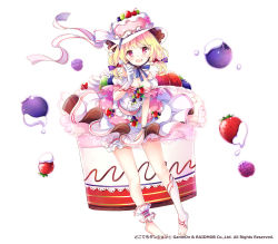 Rule 34 | 1girl, :o, bare shoulders, barefoot, blonde hair, blueberry, bow, breasts, cherry, cleavage, corset, cupcake, dokodemo dungeon, food, frilled skirt, frills, fruit, full body, gloves, hair bow, hat, leaning forward, long hair, looking at viewer, nyanya, open mouth, original, pink eyes, ribbon, simple background, skirt, solo, strawberry, twintails, white background