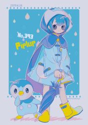 Rule 34 | 1girl, absurdres, blue eyes, blue hair, blue umbrella, boots, character name, cloak, creature and personification, creatures (company), dated, full body, game freak, gen 4 pokemon, highres, holding, holding umbrella, hood, hood up, hooded cloak, long sleeves, looking at viewer, narumame, nintendo, outline, personification, piplup, pocket, pokedex number, pokemon, pokemon (creature), rubber boots, short hair, standing, twitter username, umbrella, white outline, yellow footwear, zipper