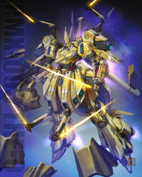 Rule 34 | absurdres, beam saber, character name, extra arms, flying, full body, gundam, highres, holding, holding sword, holding weapon, maeda hiroyuki, mecha, mobile suit, no humans, purple eyes, redesign, robot, science fiction, space, sword, the o (mobile suit), weapon, zeta gundam