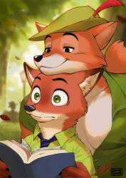 Rule 34 | 2boys, animal ears, artist logo, black eyes, book, chin rest, claws, closed mouth, commentary, disney, english commentary, falling leaves, fangs, fangs out, fox boy, fox ears, fox tail, furry, furry male, green eyes, green shirt, hat feather, head on head, head rest, holding, holding book, lamppost, leaf, looking at another, male focus, multiple boys, muscular, muscular male, necktie, nick wilde, open book, pectorals, popodunk, red plume, robin hood (disney), robin hood (disney) (character), shirt, smile, tail, wide-eyed, zootopia