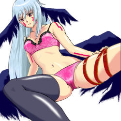 Rule 34 | asymmetrical clothes, bad id, bad pixiv id, black wings, bra, facial mark, head wings, lingerie, long hair, lyrical nanoha, mahou shoujo lyrical nanoha, mahou shoujo lyrical nanoha a&#039;s, multiple wings, panties, red eyes, reinforce, silver hair, single thighhigh, solo, thighhighs, tondabayashi, underwear, underwear only, wings