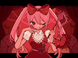 Rule 34 | 1girl, belt, bow, buttons, collared dress, curtains, dress, frills, hair between eyes, hair bow, hair ornament, highres, holding, holding mace, long hair, looking at viewer, mace, nail polish, omori, one eye closed, pink dress, pink eyes, pink hair, pink nails, puffy short sleeves, puffy sleeves, red bow, red curtains, short sleeves, smile, solo, spiked mace, spikes, sprout mole, sweetheart (omori), tan, tongue, tongue out, twintails, user yprm7442, weapon, white sleeves
