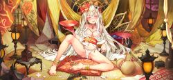 Rule 34 | 1girl, absurdres, alcohol, anklet, bare legs, barefoot, blush, bottle, breasts, cameltoe, collarbone, commentary, cup, feet, flower, gourd, hair flower, hair ornament, hair spread out, highres, holding, holding cup, jewelry, lantern, long hair, looking at viewer, melaton, navel, necklace, obi, off shoulder, original, parted lips, petals, reclining, red eyes, sakazuki, sash, small breasts, smile, solo, spread legs, tatami, toes, very long hair, white hair