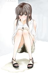 Rule 34 | 1girl, absurdres, bare legs, blush, brown eyes, brown hair, collarbone, embarrassed, female focus, highres, knees together feet apart, long hair, looking at viewer, mitaray, nail polish, original, pee, peeing, peeing self, puddle, sandals, shorts, squatting, tearing up, toenail polish, toenails, toes, water drop, wet, wet clothes, wet shorts