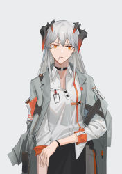 Rule 34 | 1girl, absurdres, arknights, black choker, choker, cigarette, coat, coat on shoulders, collared shirt, cowboy shot, dragon girl, dragon horns, grey coat, highres, horns, id card, long sleeves, looking at viewer, mouth hold, open clothes, open coat, orange eyes, parted lips, saria (arknights), senkane, shirt, simple background, smoke, smoking, solo, two-tone background, v-shaped eyebrows, white background, white shirt, wristband