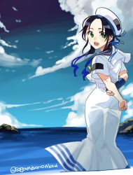 Rule 34 | 1girl, aria (manga), aria company uniform, arms behind back, blue gloves, blue hair, blush, cloud, cosplay, day, dress, fingerless gloves, from behind, gloves, green eyes, hair ribbon, hat, head tilt, kantai collection, long hair, low twintails, ocean, open mouth, outdoors, ribbon, sagamiso, short sleeves, single fingerless glove, single glove, sky, solo, suzukaze (kancolle), twintails, uniform, water, white dress