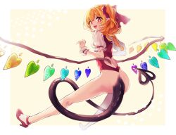 Rule 34 | 1girl, ass, bad id, bad pixiv id, blonde hair, bottomless, commentary request, flandre scarlet, full body, hair ribbon, heart, laevatein (tail), looking at viewer, low wings, mokokiyo (asaddr), no pants, open mouth, pointy ears, puffy short sleeves, puffy sleeves, red eyes, red footwear, red ribbon, ribbon, shoes, short sleeves, side ponytail, simple background, smile, solo, tail, touhou, wings, wrist cuffs