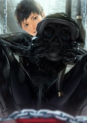 Rule 34 | 2boys, artist name, backlighting, bdsm, black hair, blurry, bodysuit, brown eyes, chain, crotch zipper, dated, depth of field, gas mask, grin, hands up, head tilt, highres, holding, holding mask, indoors, latex, latex bodysuit, looking at viewer, male focus, mask, multiple boys, original, pov, reflection, shiny clothes, short hair, signature, smile, solo, solo focus, spread legs, squatting, twitter username, watari yuu (haskey), yaoi, zipper