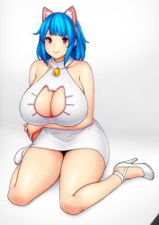 Rule 34 | 1girl, absurdres, animal ears, bare shoulders, bell, blue hair, blunt bangs, breasts, cat cutout, cat ears, cleavage, cleavage cutout, clothing cutout, dress, erkaz, full body, high heels, highres, huge breasts, looking at viewer, medium hair, neck bell, original, red eyes, rina atherina, simple background, sitting, smile, solo, white background, white dress, white footwear, white heels