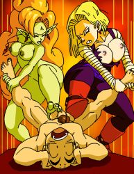 Rule 34 | 1boy, 2girls, alien, android 18, bald, ball busting, bdsm, breasts, cbt, clothed female nude male, colored skin, cooperative footjob, crotch kick, crotch stomping, dboy, dragon ball, dragonball z, feet, femdom, ffm threesome, footjob, green skin, group sex, kuririn, lying, multiple girls, nude, on back, penis, rape, spread legs, stomping, testicles, threesome, torn clothes, uncensored, zangya