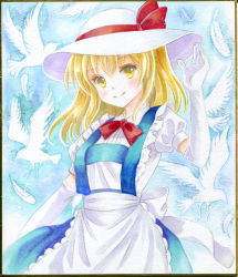 Rule 34 | 1girl, alternate hair length, alternate hairstyle, apron, back bow, bird, blonde hair, blue skirt, bow, commentary request, dove, dress, dutch angle, elbow gloves, eyelashes, feathers, frilled apron, frilled gloves, frills, gloves, hajike akira, happy, hat, hat bow, highres, kana anaberal, long hair, outdoors, photo (medium), puffy short sleeves, puffy sleeves, red bow, ribbon, shirt, short sleeves, skirt, sun hat, touhou, touhou (pc-98), traditional media, upper body, white bird, white feathers, white gloves, white headwear, white shirt, yellow eyes
