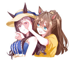 Rule 34 | 2girls, animal ears, bare shoulders, blue dress, breasts, brown hair, cropped torso, domino mask, dress, ears through headwear, el condor pasa (umamusume), green eyes, hands up, hat, highres, horse ears, long hair, looking at another, mask, medium breasts, mejiro dober (umamusume), mejiro dober (vacation safir) (umamusume), multiple girls, open mouth, ponytail, purple eyes, romi (346 ura), shirt, simple background, sleeveless, sleeveless dress, smile, sun hat, umamusume, upper body, white background, yellow shirt