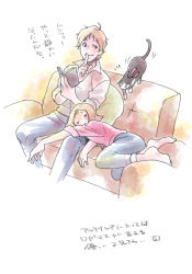 Rule 34 | 1boy, 1girl, blonde hair, book, brother and sister, cat, chair, char aznable, couch, finger to mouth, gundam, mobile suit gundam, mobile suit gundam the origin, rakusuke, sayla mass, shushing, siblings, sleeping