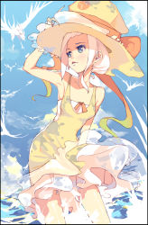 Rule 34 | 1girl, arm up, bare shoulders, bird, blue eyes, cottan, day, dress, feathers, hand on headwear, hat, highres, open mouth, original, pink hair, sky, solo, standing, water