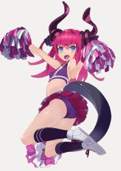 Rule 34 | 10s, 1girl, :d, arm up, arms up, asymmetrical horns, black socks, blue eyes, blush, breasts, cheerleader, crop top, curled horns, dragon girl, dragon horns, dragon tail, elizabeth bathory (fate), elizabeth bathory (fate/extra ccc), fang, fate/extra, fate (series), full body, grey background, hajime (hajime-ill-1st), highres, horns, jumping, kneehighs, long hair, looking at viewer, midriff, miniskirt, official alternate costume, open mouth, panties, pantyshot, pink hair, pleated skirt, pom pom (cheerleading), shoes, simple background, skirt, sleeveless, slit pupils, small breasts, smile, sneakers, socks, solo, tail, two side up, underwear, uneven horns