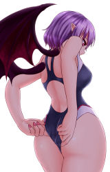 Rule 34 | 1girl, absurdres, adjusting clothes, adjusting swimsuit, aged up, ass, bat wings, competition swimsuit, cowboy shot, from behind, from below, highres, one-piece swimsuit, pointy ears, purple hair, red eyes, remilia scarlet, short hair, simple background, solo, standing, swimsuit, touhou, white background, wings, zellam