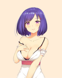 Rule 34 | 1girl, black bra, blush, bra, breasts, cleavage, collarbone, dress, hair ornament, hairclip, hand on own chest, large breasts, looking at viewer, off shoulder, original, purple eyes, purple hair, short hair, simple background, smile, solo, strap slip, underwear, white dress, zimajiang