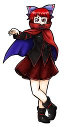 Rule 34 | 1girl, ankle boots, arm at side, boots, bow, cape, covered mouth, crossed legs, full body, furrowed brow, hair bow, high collar, looking at viewer, miniskirt, nazotyu, red eyes, red hair, sekibanki, short eyebrows, short hair, skirt, solo, touhou, transparent background, tunic