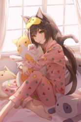Rule 34 | 1girl, :t, absurdres, animal ear fluff, animal ears, bad id, bad pixiv id, black hair, blush, cat ears, cat girl, cat tail, closed mouth, commentary request, curtains, green eyes, head tilt, highres, indoors, karyl (princess connect!), long hair, long sleeves, looking at viewer, low twintails, mask, mask on head, multicolored hair, hugging object, pajamas, pants, pink pajamas, pink pants, pink shirt, princess connect!, shirt, sleep mask, solo, streaked hair, stuffed animal, stuffed cat, stuffed toy, tail, tail raised, twintails, very long hair, white hair, window, zain (jiha3905)
