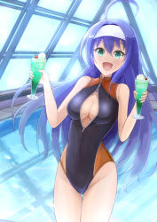 Rule 34 | 1girl, ahoge, backlighting, blue hair, breasts, center opening, cherry, cleavage, covered collarbone, cowboy shot, cup, day, drinking glass, fire emblem, fire emblem: radiant dawn, food, front zipper swimsuit, fruit, green eyes, hair between eyes, hair intakes, hairband, halterneck, holding, holding cup, ice cream, indoors, legs together, long hair, medium breasts, meme attire, mia (fire emblem), nintendo, one-piece swimsuit, open mouth, pool, rei no pool, ryuusaki rei, smile, solo, standing, swimsuit, very long hair, water