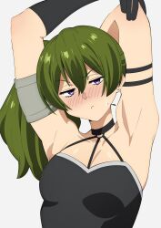 Rule 34 | 1girl, :c, armband, armpits, arms behind head, arms up, black choker, black gloves, blush, breasts, choker, commentary request, frown, gloves, green hair, highres, long hair, looking at viewer, medium breasts, o-ring, o-ring choker, purple eyes, sakura 1110ssmm, side ponytail, simple background, single glove, solo, sousou no frieren, sweatdrop, ubel (sousou no frieren), v-shaped eyebrows, white background