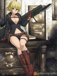 Rule 34 | 1girl, alternate color, bayonet, belt, blonde hair, boots, breasts, chuunioniika, cleavage, devil may cry, devil may cry (series), devil may cry 4, gloves, gun, heterochromia, highres, jewelry, kneehighs, lady (devil may cry), looking at viewer, midriff, navel, necklace, no bra, open clothes, scar, short hair, short shorts, shorts, sitting, socks, solo, weapon