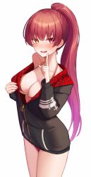 Rule 34 | 1girl, bikini, bikini under clothes, black jacket, blush, breasts, cleavage, commentary request, cowboy shot, fang, gradient hair, halterneck, heart, heart-shaped pupils, heterochromia, highres, hololive, hololive fantasy, houshou marine, houshou marine (summer), jacket, large breasts, long hair, long sleeves, multicolored hair, off shoulder, oni0417, open mouth, partially unzipped, ponytail, purple hair, red bikini, red eyes, red hair, simple background, single bare shoulder, smile, solo, standing, string bikini, swimsuit, symbol-shaped pupils, very long hair, virtual youtuber, white background, yellow eyes
