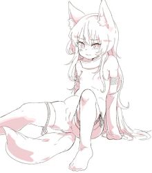 Rule 34 | 1girl, animal ears, anus, breasts, cleft of venus, collar, detached sleeves, done (donezumi), female focus, long hair, monochrome, nude, pussy, simple background, sitting, small breasts, solo, tail, thighhighs, uncensored, white background