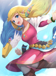 Rule 34 | 1girl, absurdres, aqua eyes, bangle, bird, blonde hair, blue background, blue pupils, boots, bracelet, breasts, commentary request, day, dress, falling, gonzarez, highres, jewelry, light particles, long hair, looking at viewer, midair, nintendo, open mouth, pink dress, pointy ears, princess zelda, sidelocks, sky, smile, solo, sunlight, teeth, the legend of zelda, the legend of zelda: skyward sword, upper teeth only, very long hair