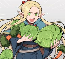 Rule 34 | 1girl, belt pouch, blonde hair, blue capelet, blue robe, braid, cabbage, capelet, carrot, cowboy shot, dropping, dungeon meshi, elf, floating hair, food, french braid, furrowed brow, giving, green eyes, grey hair, hair around ear, half updo, hands up, holding, holding food, holding staff, holding vegetable, hood, hood down, hooded capelet, long hair, long sleeves, looking ahead, marcille donato, open mouth, outstretched arm, parted bangs, pointy ears, pouch, robe, serious, side braid, solo, sprout, staff, vegetable, very long hair, wooni