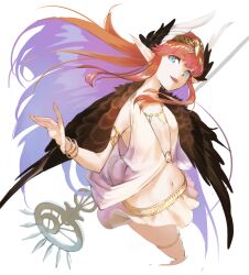 1girl armlet bare_shoulders blue_eyes bracelet breasts brown_wings circe_(fate) commentary_request fate/grand_order fate_(series) feathered_wings floating floating_hair head_wings holding holding_staff jewelry long_hair midriff navel open_mouth pink_hair pointy_ears simple_background skirt sleeveless small_breasts smile solo staff very_long_hair white_background white_skirt wings ya99ru